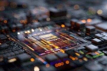 Close-up of a processor chip illuminated with bright, colorful light, set on a circuit board