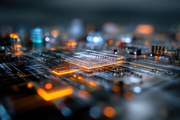 Macro shot of a computer circuit board, featuring glowing orange and blue lights
