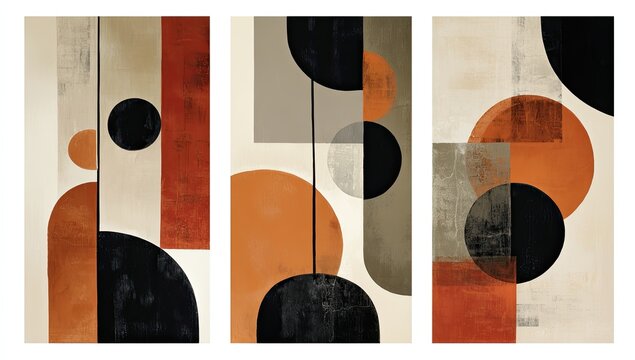 Three panel abstract geometric art pieces featuring circles, rectangles, and other shapes in warm hues