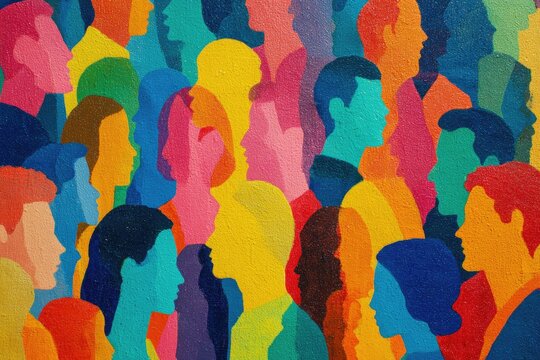 Vivid depiction of many diverse faces in profile, overlapping with layered hues