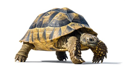 A close-up, studio shot of a tortoise with its shell and textured skin fully visible against a stark white backdrop