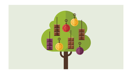 Chocolate and Medal Tree: A whimsical illustration of a tree laden with chocolate bars and medals, symbolizing rewards and achievements in a unique and playful manner.