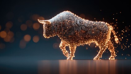 Illuminated digital bull figure strides across a dark, bokeh-filled background