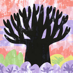 Hand-drawn silhouette of a tree against a colorful sunset sky with a vibrant backdrop of greenery