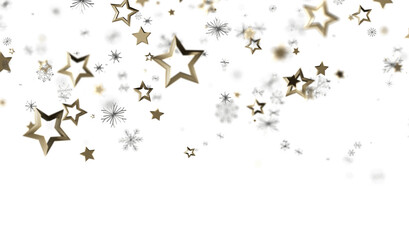 Sparkling gold stars and snowflakes on white. Perfect for holiday designs, cards, and celebrations.