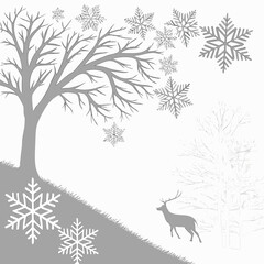 Winter scene with a silhouette of a deer standing near bare trees and falling snowflakes