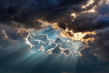 Dramatic sky scene, thick dark clouds illuminated by golden sunlight, with bright blue peeking through