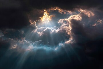 Dramatic sky with dark, moody clouds parting to reveal ethereal, glowing sunlight streams
