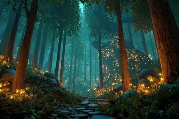 Lush, ethereal forest scene with dappled light and a stone path leading into the woods