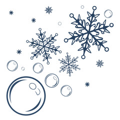 Fototapeta premium Delicate blue line art snowflakes and bubbles scattered across a clean white background