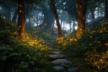 Enchanted forest scene, stone path leading through luminous flora and trees in a dreamy, atmospheric setting