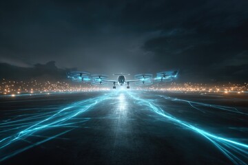 Futuristic aircraft on illuminated runway at night, showcasing technology