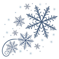 Decorative blue snowflakes and swirls scattered across a white background for winter holiday design