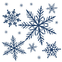 Hand drawn dark blue snowflakes scattered on a clean white background for winter holidays