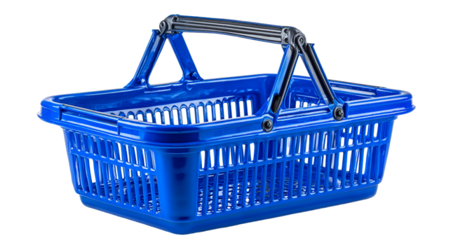 Vibrant blue shopping basket perfect for retail promotions or grocery store advertising, showcasing consumerism and convenience for shoppers everywhere isolated on transparent background