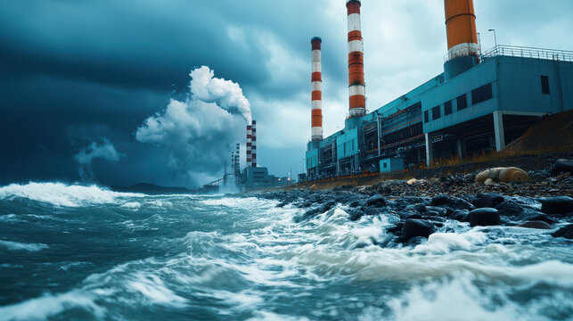 Stormy sea with turbulent waves crashing against rocky shores, industrial smokestacks emitting steam in background, creating dramatic atmosphere
