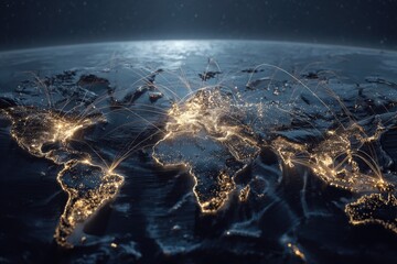 Glowing night view of Earth, highlighting communication lines between connected city lights