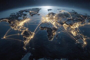 Digital depiction of planet Earth at night, illuminated cities linked by glowing connection lines