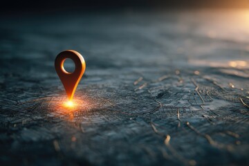 Illuminated, orange marker pinpoints a location on a detailed, abstract map, bathed in warm light