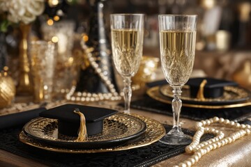 Elegant table setting featuring champagne flutes, plates, and a graduation cap