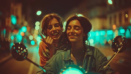 Two joyful friends riding scooter at night through neon lit city streets with vibrant bokeh creating energetic nightlife mood Concept of youthful freedom and urban adventure