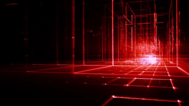 Leuchtende gitterf&ouml;rmige Geometrie f&uuml;r Technologie, Energie, Produktion & Datentransfer &ndash; moderne Architektur, Planung & Sicherheit visualisiert, rot
