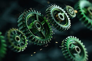 Green metallic gears in a dynamic composition, abstract illustration of interconnected machinery