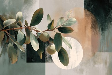 Artistic botanical study featuring a leafy branch against a neutral-toned, geometric background