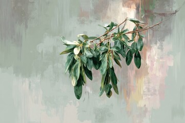 A digital painting showcasing a leafy branch with green leaves against a mottled background