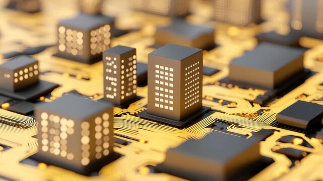 City with buildings and circuits urban landscape featuring numerous structures interconnected by intricate circuits depicting modern metropolis