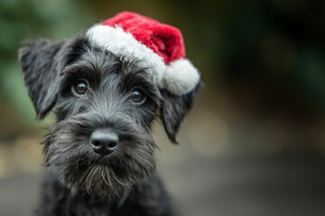 Close up of a cute black Schnauzer puppy dog wearing santa Claus hat outdoor.