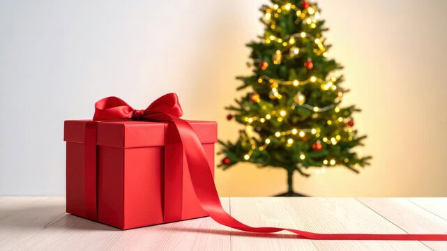 Festive red gift box with ribbon and christmas tree background scene vibrant red gift box adorned with red ribbon set against festive christmas tree backdrop