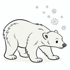 Cute cartoon polar bear walking in the snow with snowflakes falling around it