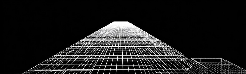 A stark architectural rendering depicts a towering structure in a perspective view, with a dark background