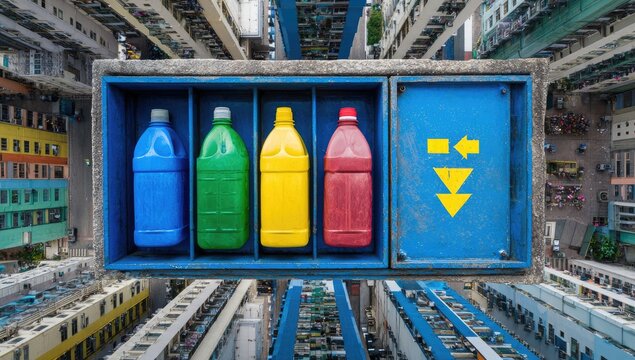 A blue bin displays colorful bottles against an upside-down cityscape, promoting recycling