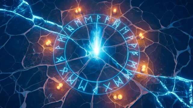 Energetic runic circle moving on cracked stone floor with glowing candles. Pagan ritual and ancient magic concept for fantasy game.