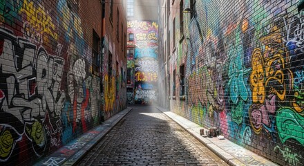 Narrow alleyway covered in colorful graffiti art with sunlight streaming through