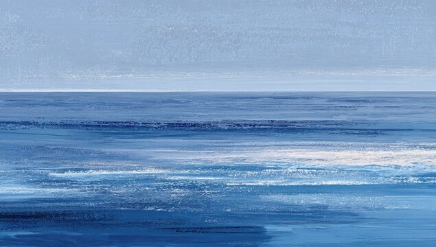 A serene, abstract ocean scene painted with shades of blue, evoking calmness and tranquility - Powered by Adobe
