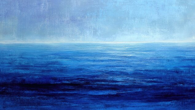 Abstract seascape with layered blues and white representing the sky, ocean, and horizon