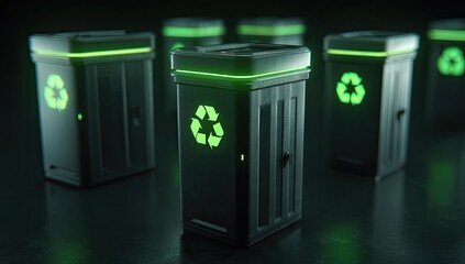 Futuristic glowing recycling bins on a dark surface, environment concept with a blurred background