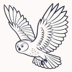 Stylized line art illustration of a barn owl in flight with wings spread wide against a plain background