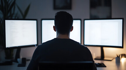Focused coder immersed in work, illuminated by multi-screens in dim, quiet space.  The screens glow and the individual appears dedicated to their tasks in the peaceful late night.
