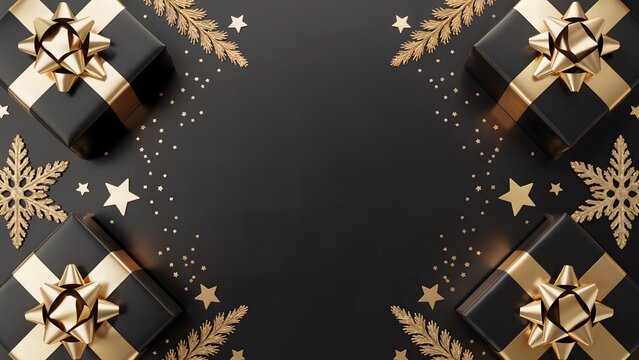 Elegant black and gold presents for Christmas or New Year's create a festive mood with room for text, perfect for holiday greeting cards or banners