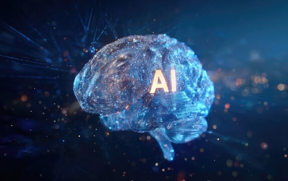 Futuristic, glowing, translucent brain with "AI" embedded, surrounded by digital network and sparks
