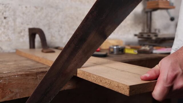 Gros plan sur un menuisier en train de scier une planche de bois dans son atelier.