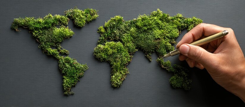 A hand writing on a green moss-covered world map laid on a dark gray textured surface