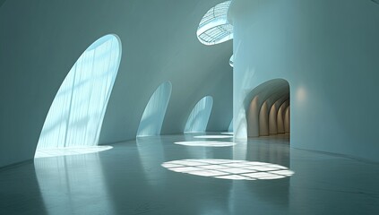 Futuristic interior scene, curved walls, arch-shaped windows, and bright, diffused sunlight