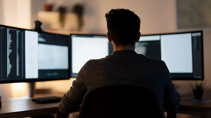 A programmer works diligently at their desk, lit by the glow of multiple monitors displaying lines of code and project details. Focused intensity fills the room.