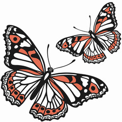 Two stylized butterflies with orange black and white wings in flight against a white background