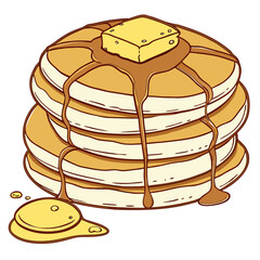 Stack of delicious golden pancakes with melting butter and dripping syrup on a white background